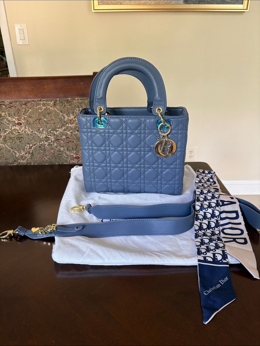 Dior Powder Blue Lady Dior Quilted Mini Top-Handle Bag